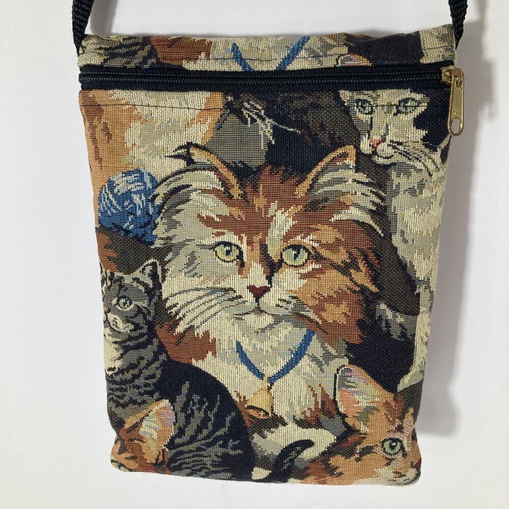 Womens Marty Enterprise Cat Kitty Tapestry Crossbody Purse Brown 7 x 10" Kathy‎